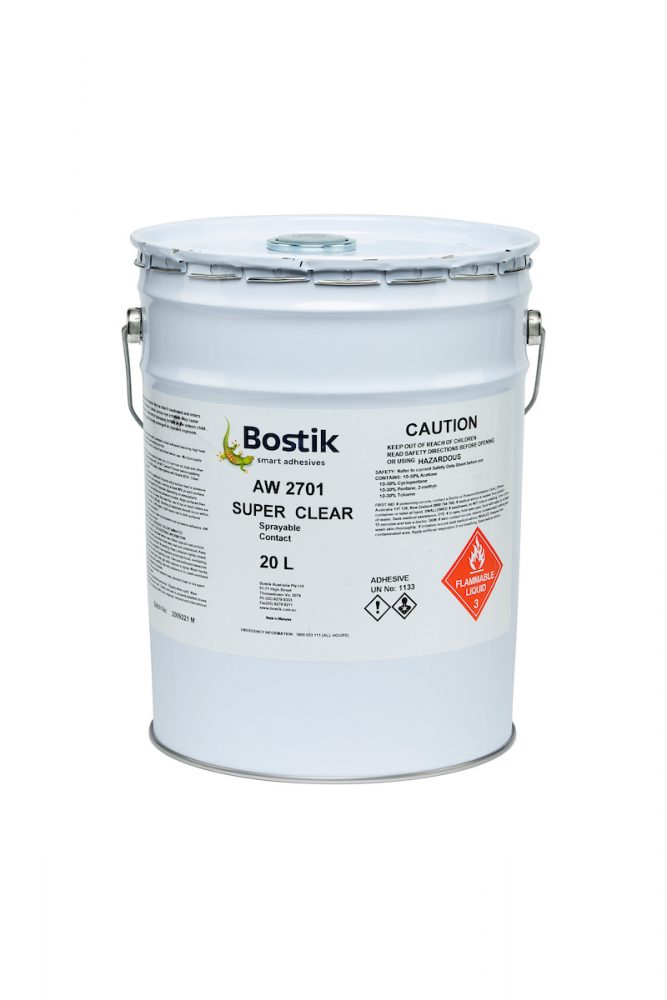 Bostik Sprayable Contact Adhesive W 2700 (red) / 2701 (clear) 20L Bostik Sprayable Contact Adhesive W 2700 (red) / 2701 (clear) 20L